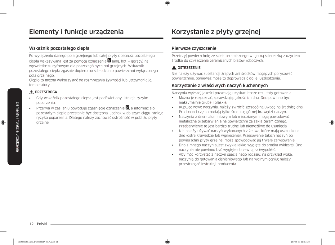 Samsung CTR464EB01/XEO manual Elementy i funkcje urządzenia Korzystanie z płyty grzejnej, Wskaźnik pozostałego ciepła 