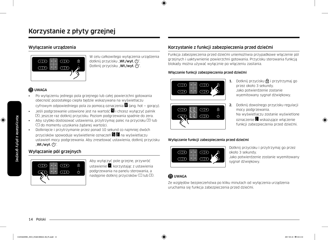 Samsung CTR464EB01/XEO Wyłączanie urządzenia, Wyłączanie pól grzejnych, Korzystanie z funkcji zabezpieczenia przed dziećmi 