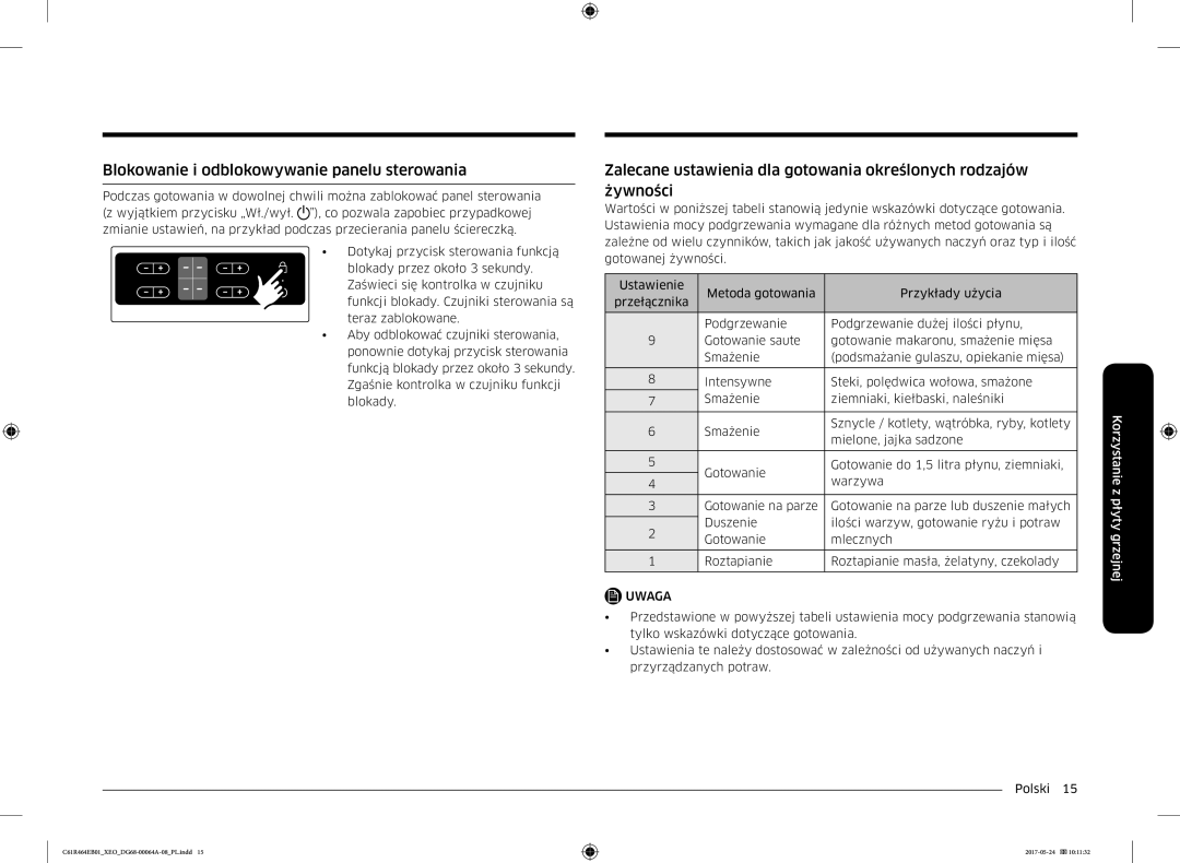 Samsung CTR464EB01/ML, CTR464EB01/XEO manual Blokowanie i odblokowywanie panelu sterowania 