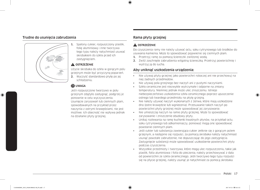 Samsung CTR464EB01/ML manual Trudne do usunięcia zabrudzenia, Rama płyty grzejnej, Aby uniknąć uszkodzenia urządzenia 