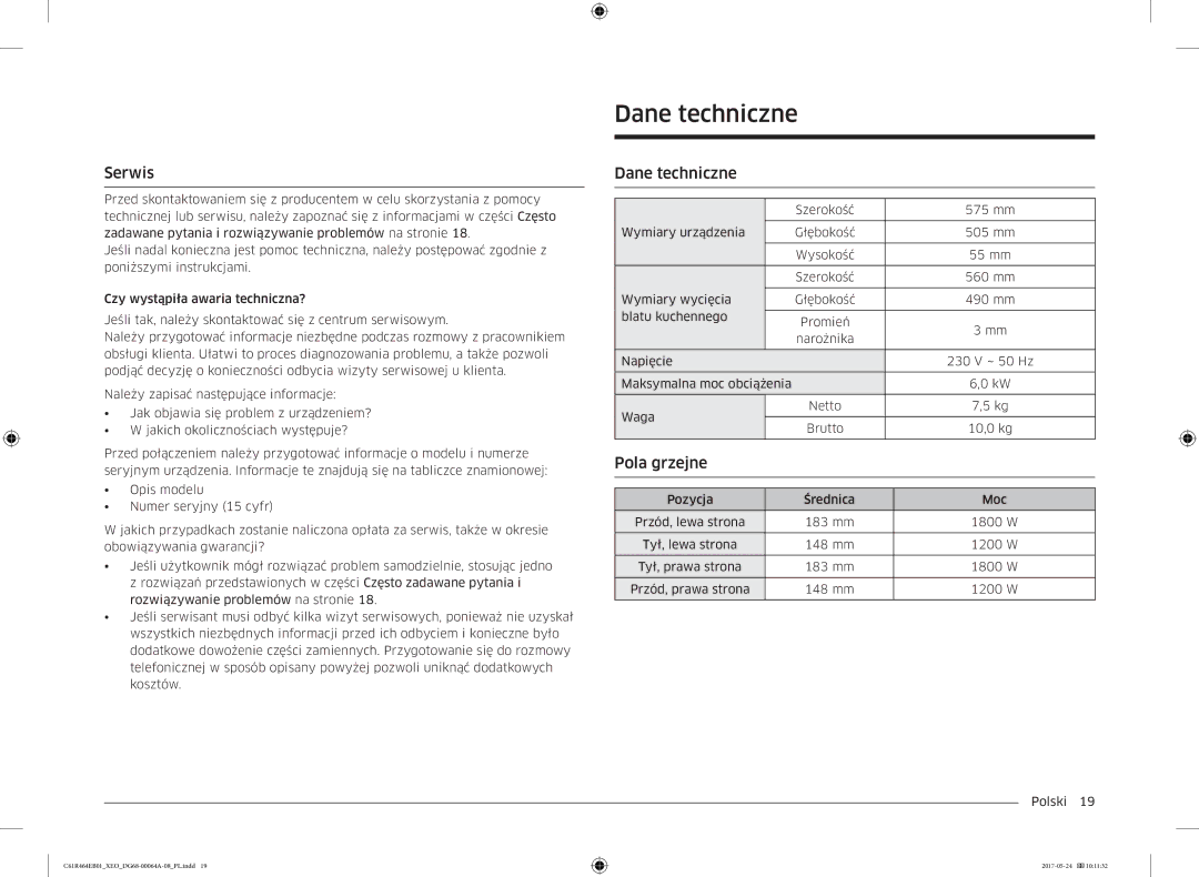 Samsung CTR464EB01/ML, CTR464EB01/XEO manual Dane techniczne, Serwis, Pola grzejne 