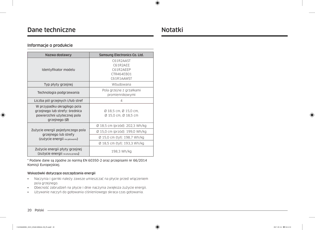 Samsung CTR464EB01/XEO, CTR464EB01/ML manual Dane techniczne Notatki, Informacje o produkcie 