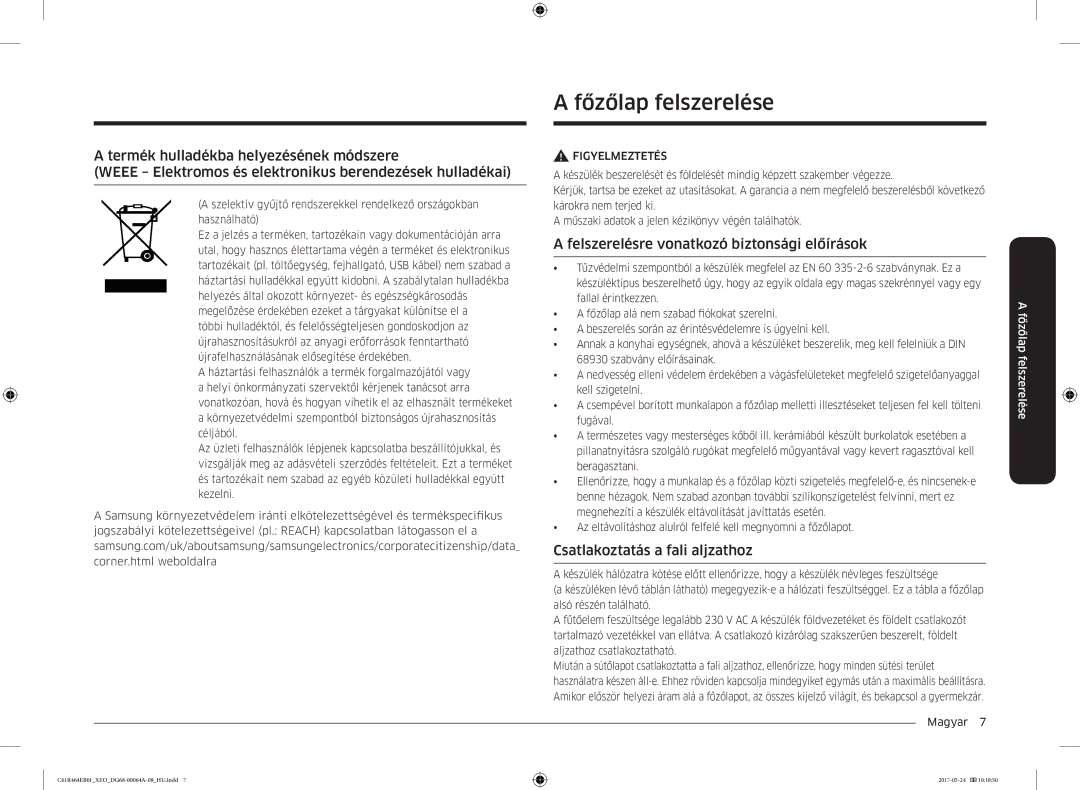 Samsung CTR464EB01/ML Főzőlap felszerelése, Felszerelésre vonatkozó biztonsági előírások, Csatlakoztatás a fali aljzathoz 