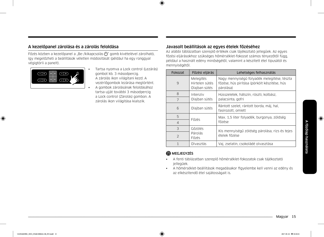 Samsung CTR464EB01/ML manual Kezelőpanel zárolása és a zárolás feloldása, Javasolt beállítások az egyes ételek főzéséhez 