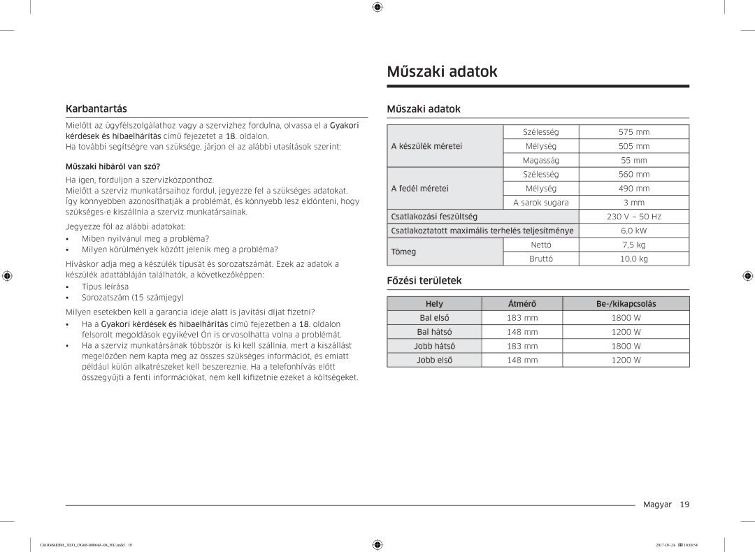 Samsung CTR464EB01/ML, CTR464EB01/XEO manual Műszaki adatok, Karbantartás, Főzési területek 