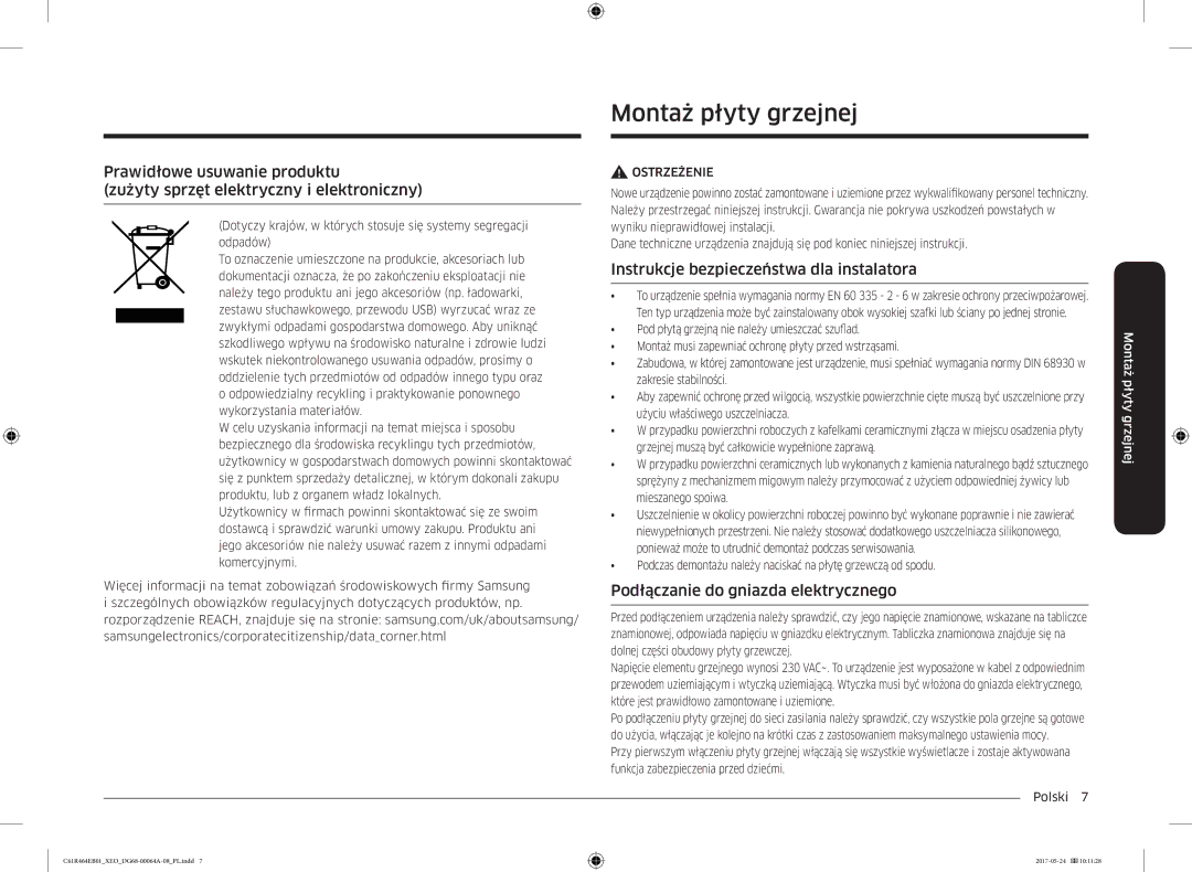 Samsung CTR464EB01/ML, CTR464EB01/XEO manual Montaż płyty grzejnej, Instrukcje bezpieczeństwa dla instalatora 