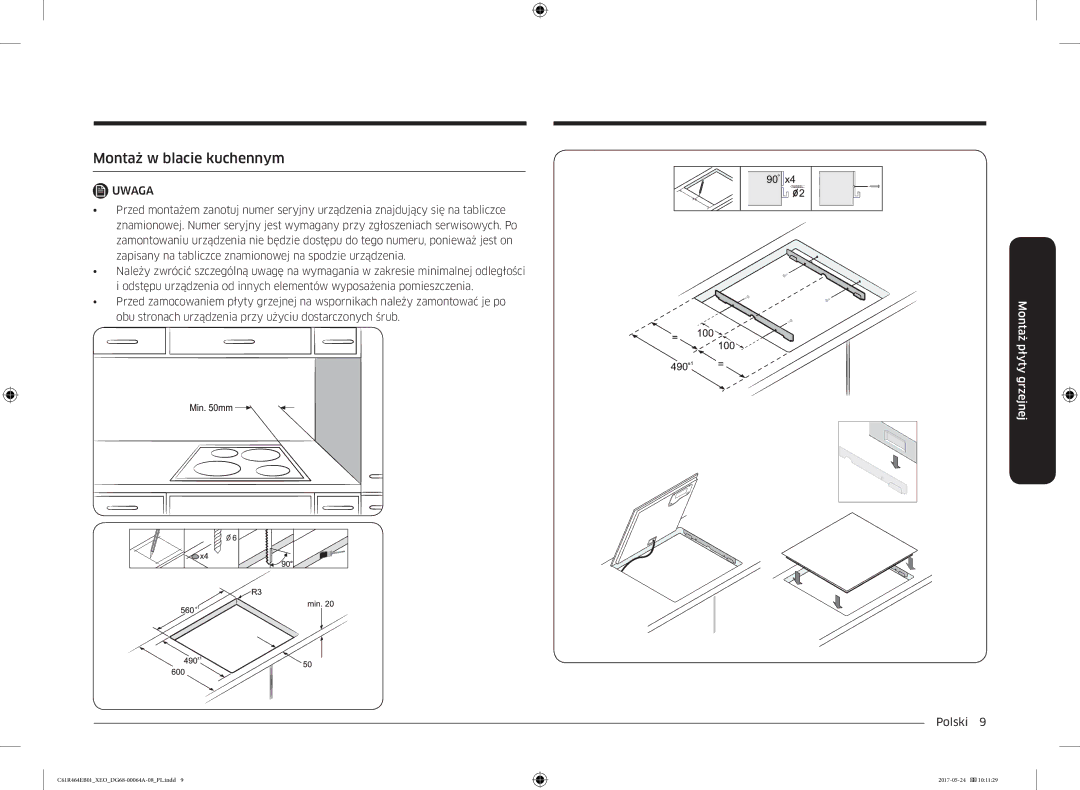 Samsung CTR464EB01/ML, CTR464EB01/XEO manual Montaż w blacie kuchennym 