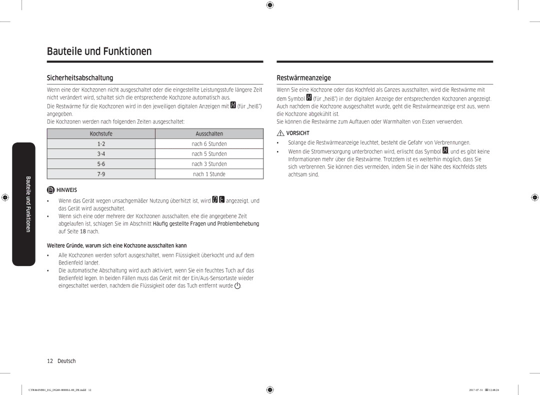 Samsung CTR464NB01/EG manual Sicherheitsabschaltung, Restwärmeanzeige 