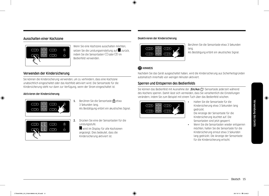 Samsung CTR464NB01/EG Ausschalten einer Kochzone, Verwenden der Kindersicherung, Sperren und Entsperren des Bedienfelds 