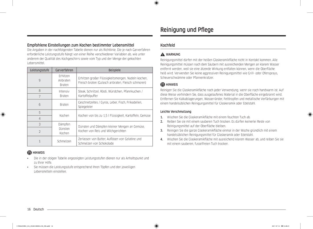 Samsung CTR464NB01/EG manual Reinigung und Pfege, Empfohlene Einstellungen zum Kochen bestimmter Lebensmittel, Kochfeld 