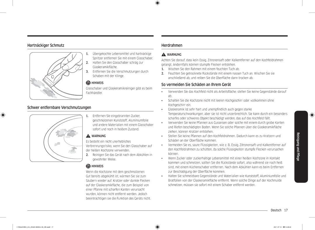 Samsung CTR464NB01/EG manual Hartnäckiger Schmutz, Schwer entfernbare Verschmutzungen, Herdrahmen 