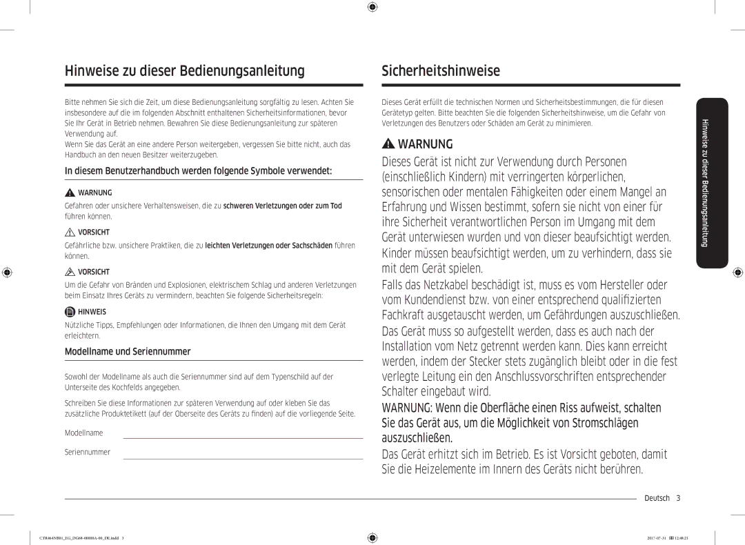 Samsung CTR464NB01/EG manual Hinweise zu dieser Bedienungsanleitung, Sicherheitshinweise, Modellname und Seriennummer 