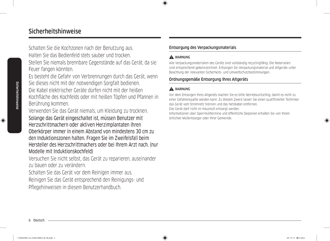 Samsung CTR464NB01/EG manual Entsorgung des Verpackungsmaterials, Ordnungsgemäße Entsorgung Ihres Altgeräts 