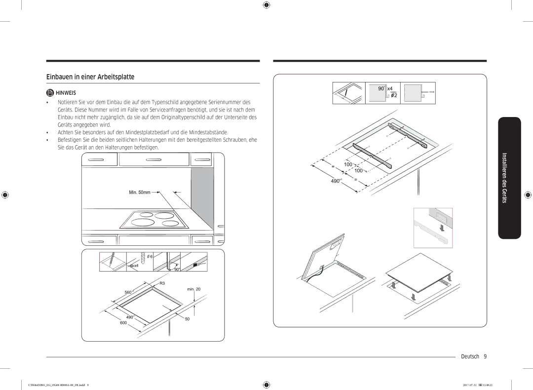 Samsung CTR464NB01/EG manual Einbauen in einer Arbeitsplatte 