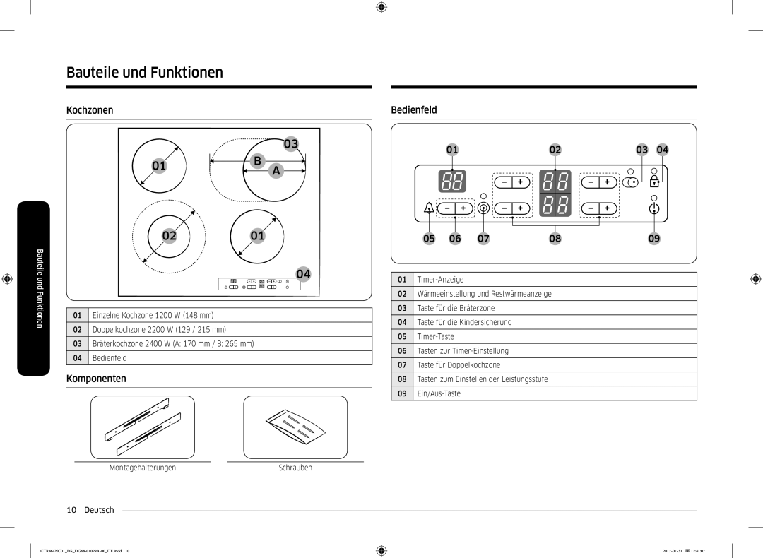 Samsung CTR464NC01/EG manual Bauteile und Funktionen, Kochzonen, Komponenten, Bedienfeld 