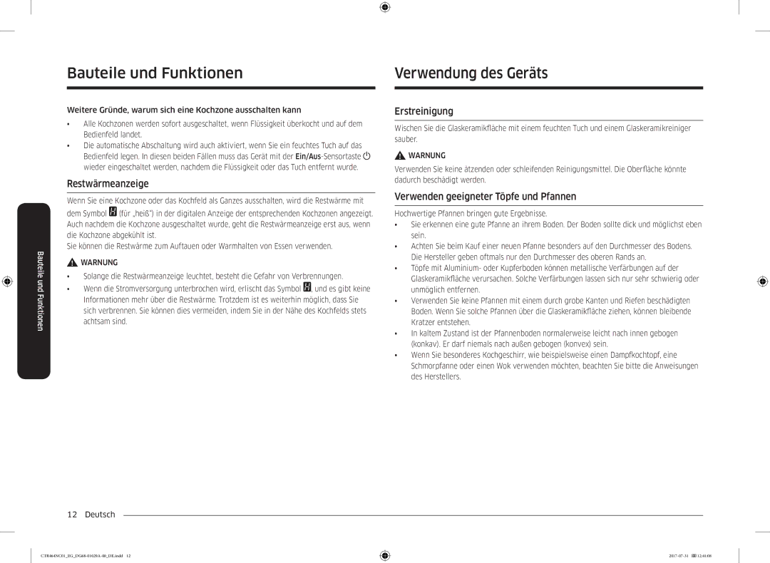 Samsung CTR464NC01/EG manual Bauteile und Funktionen Verwendung des Geräts, Restwärmeanzeige, Erstreinigung 