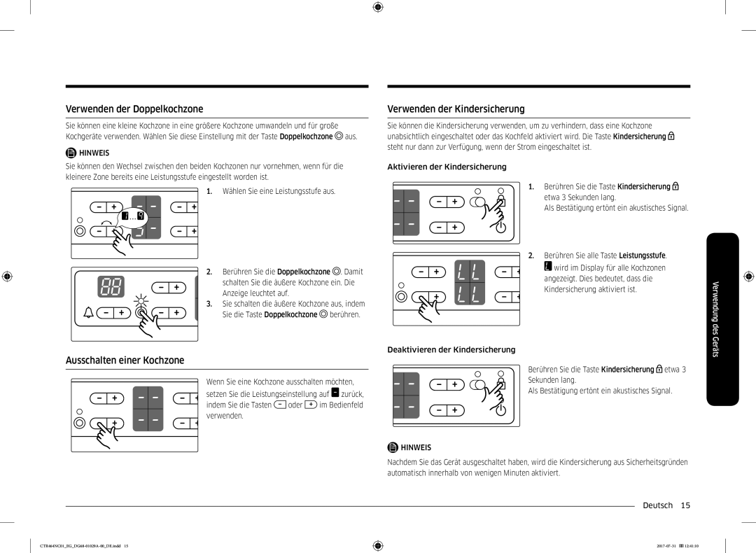 Samsung CTR464NC01/EG manual Verwenden der Doppelkochzone, Ausschalten einer Kochzone, Verwenden der Kindersicherung 