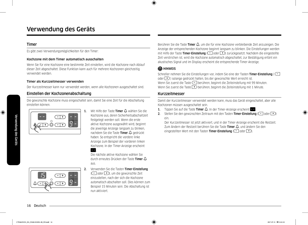 Samsung CTR464NC01/EG manual Timer, Einstellen der Kochzonenabschaltung, Kurzzeitmesser 