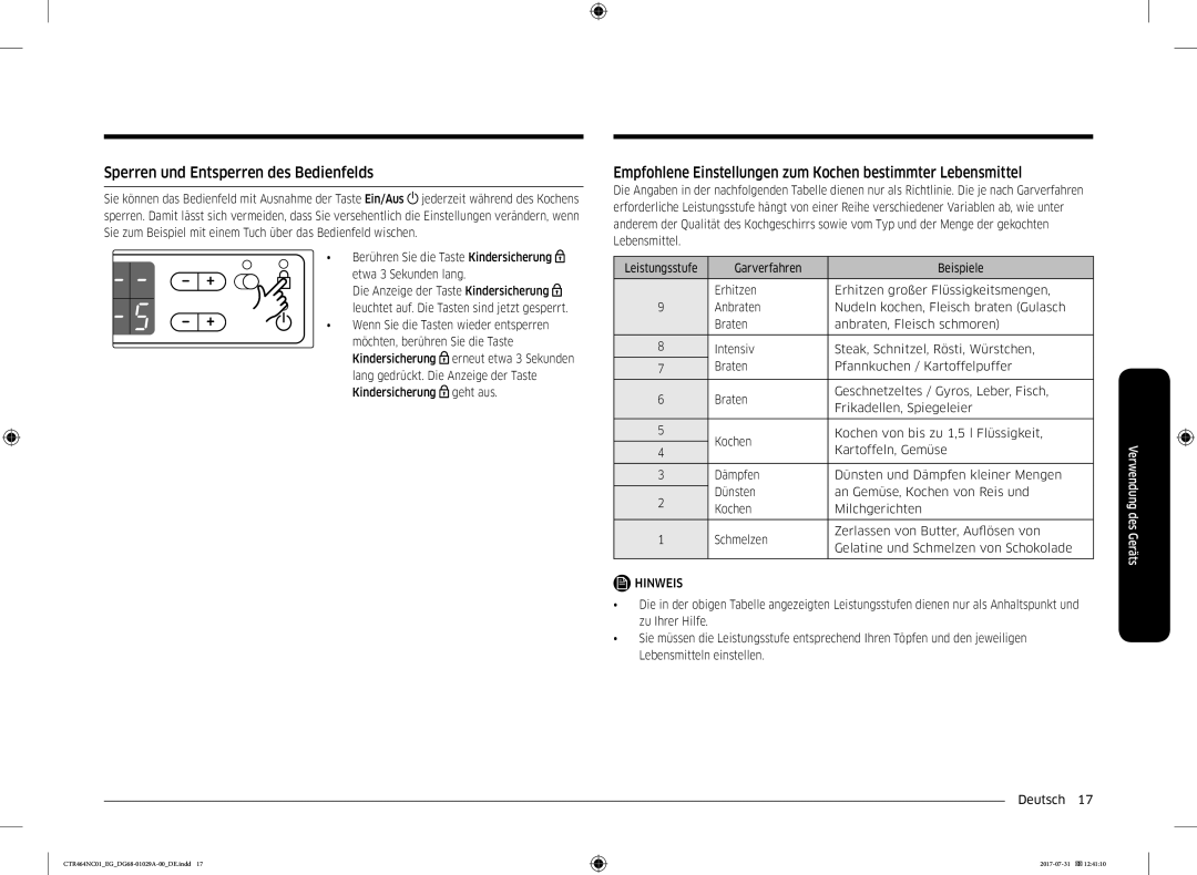 Samsung CTR464NC01/EG Sperren und Entsperren des Bedienfelds, Empfohlene Einstellungen zum Kochen bestimmter Lebensmittel 