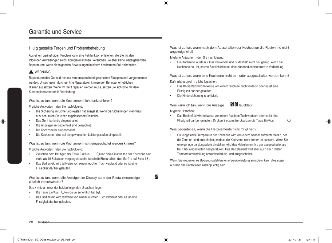 Samsung CTR464NC01/EG manual GarantieundService, Häufig gestellte Fragen und Problembehebung 