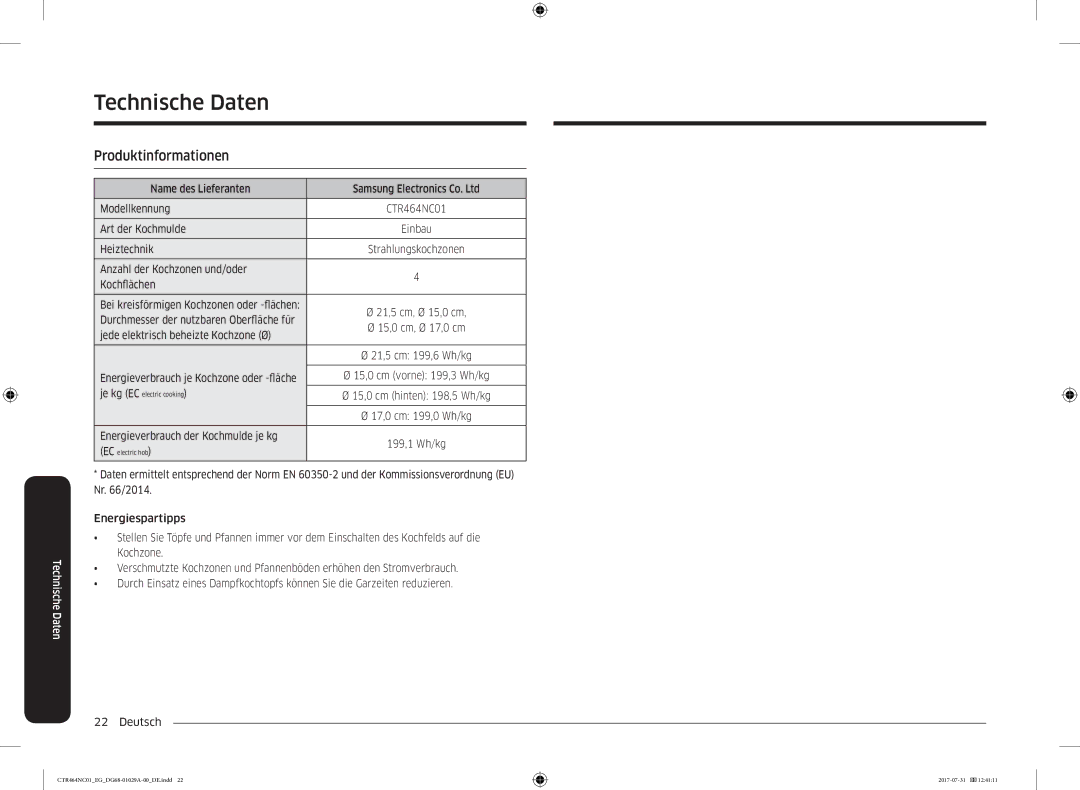 Samsung CTR464NC01/EG manual Produktinformationen, Anzahl der Kochzonen und/oder Kochflächen 