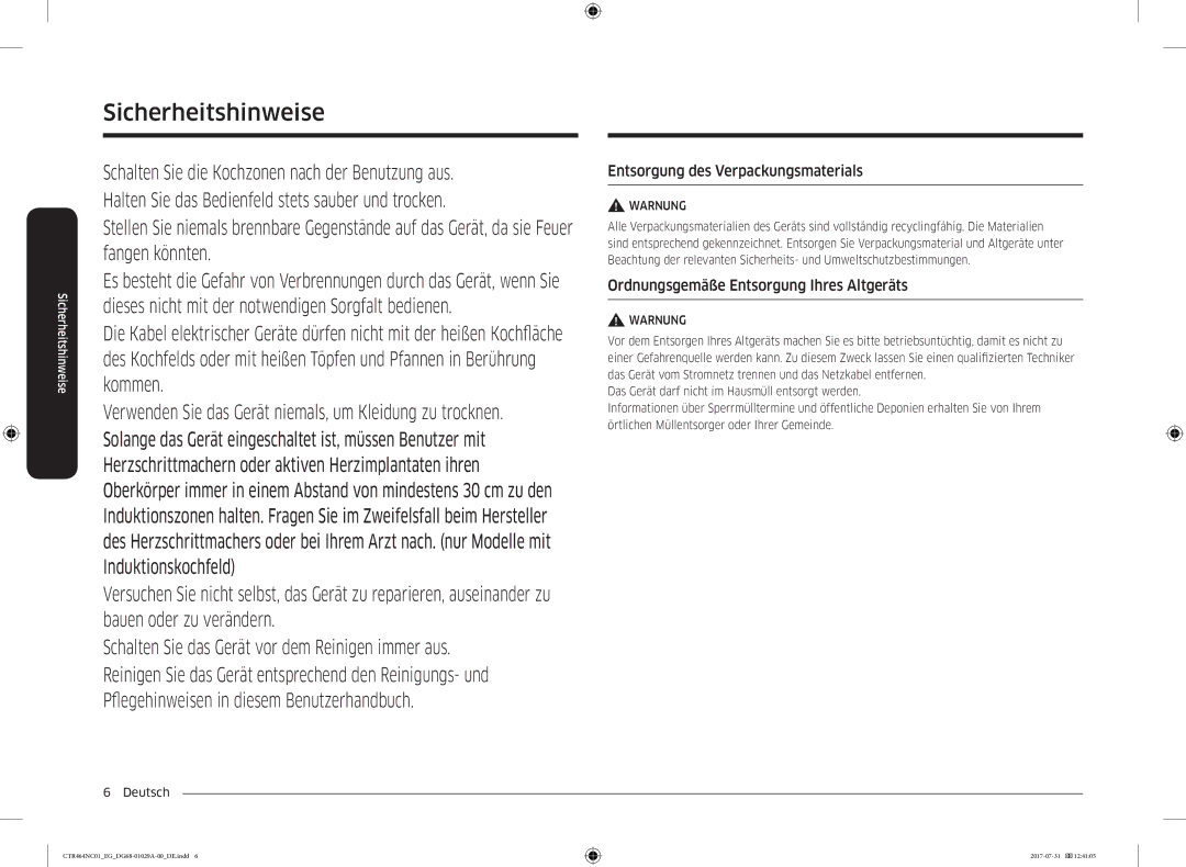 Samsung CTR464NC01/EG manual Entsorgung des Verpackungsmaterials, Ordnungsgemäße Entsorgung Ihres Altgeräts 