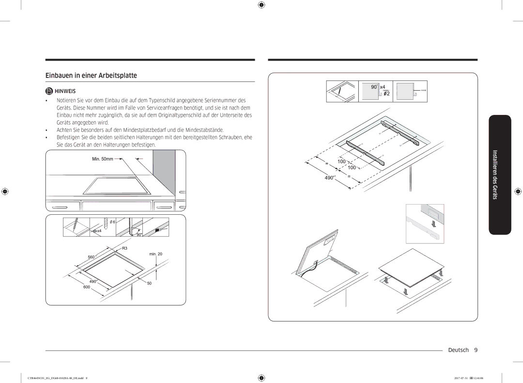 Samsung CTR464NC01/EG manual Einbauen in einer Arbeitsplatte 