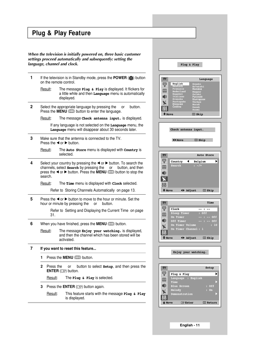 Samsung CW-29M026V manual Plug & Play Feature, Result The message Check antenna input. is displayed 