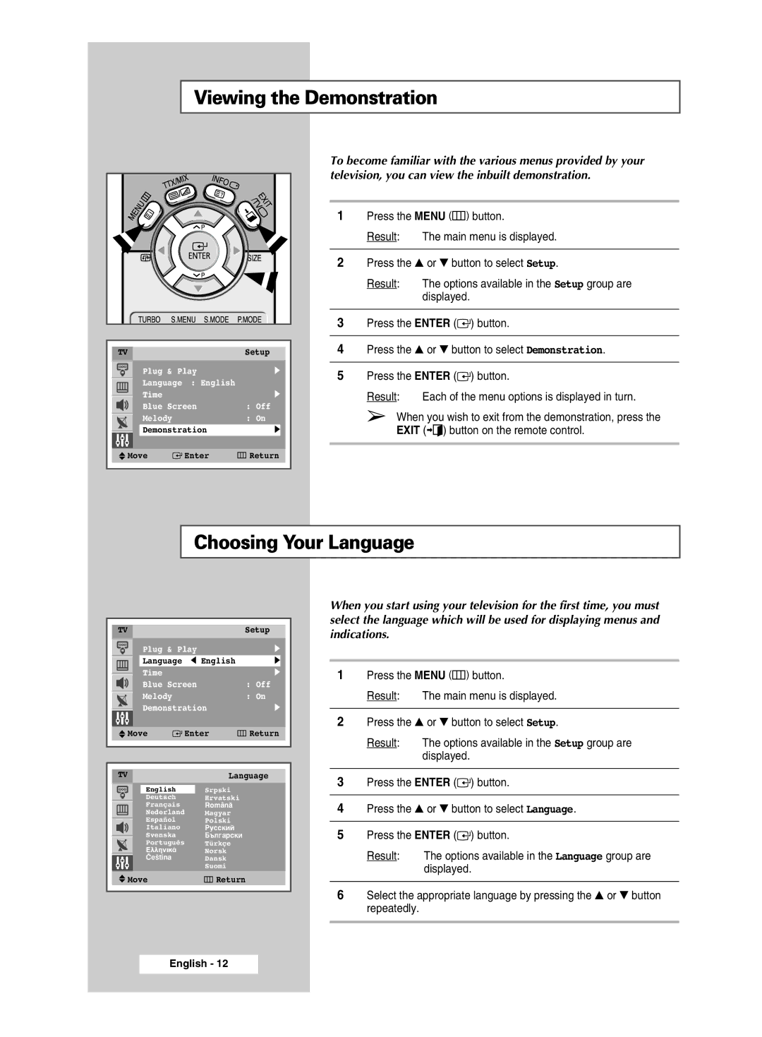 Samsung CW-29M026V manual Viewing the Demonstration, Choosing Your Language 