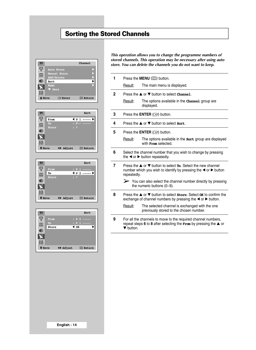 Samsung CW-29M026V manual Sorting the Stored Channels 