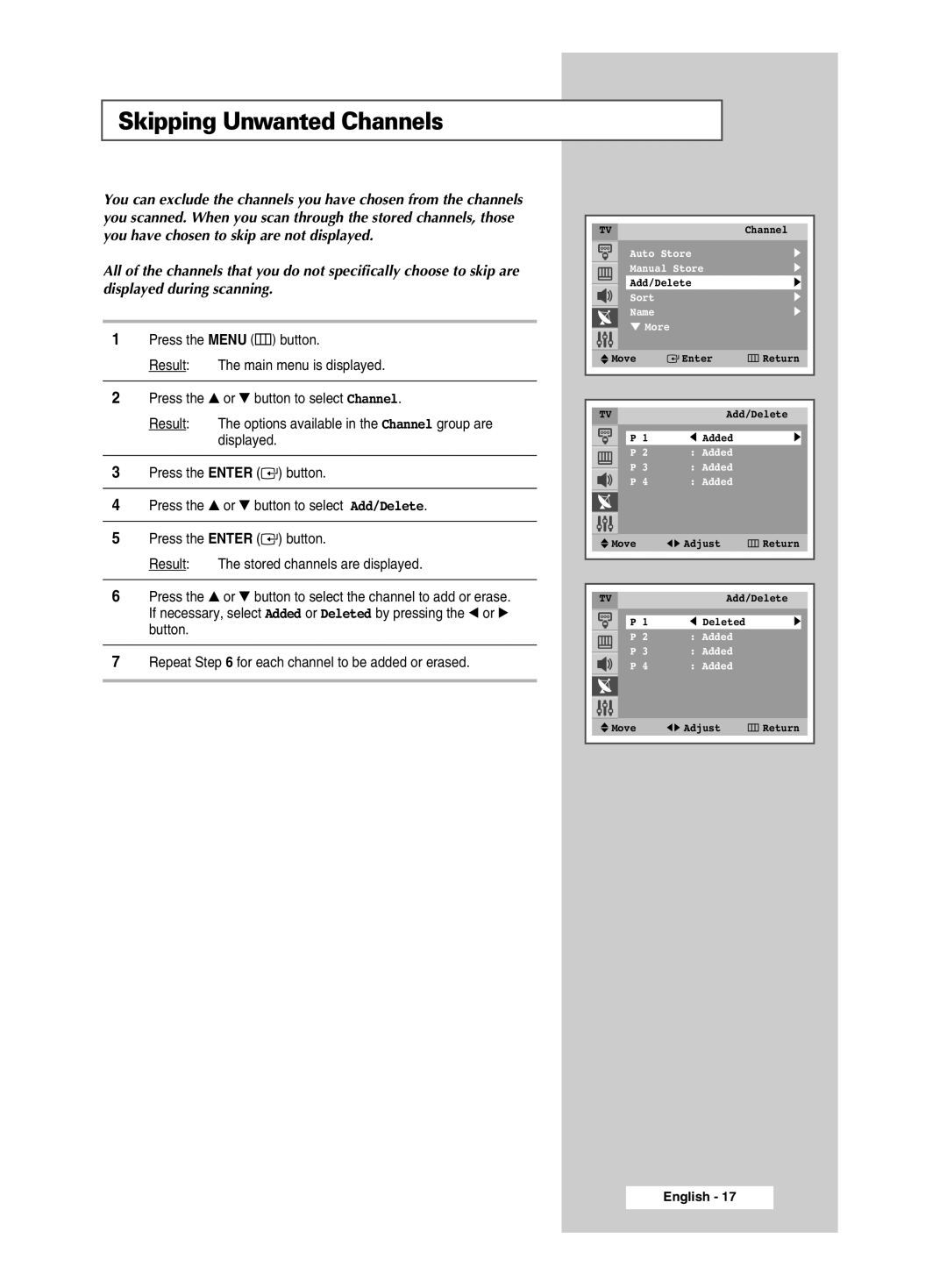 Samsung CW-29M026V manual Skipping Unwanted Channels 