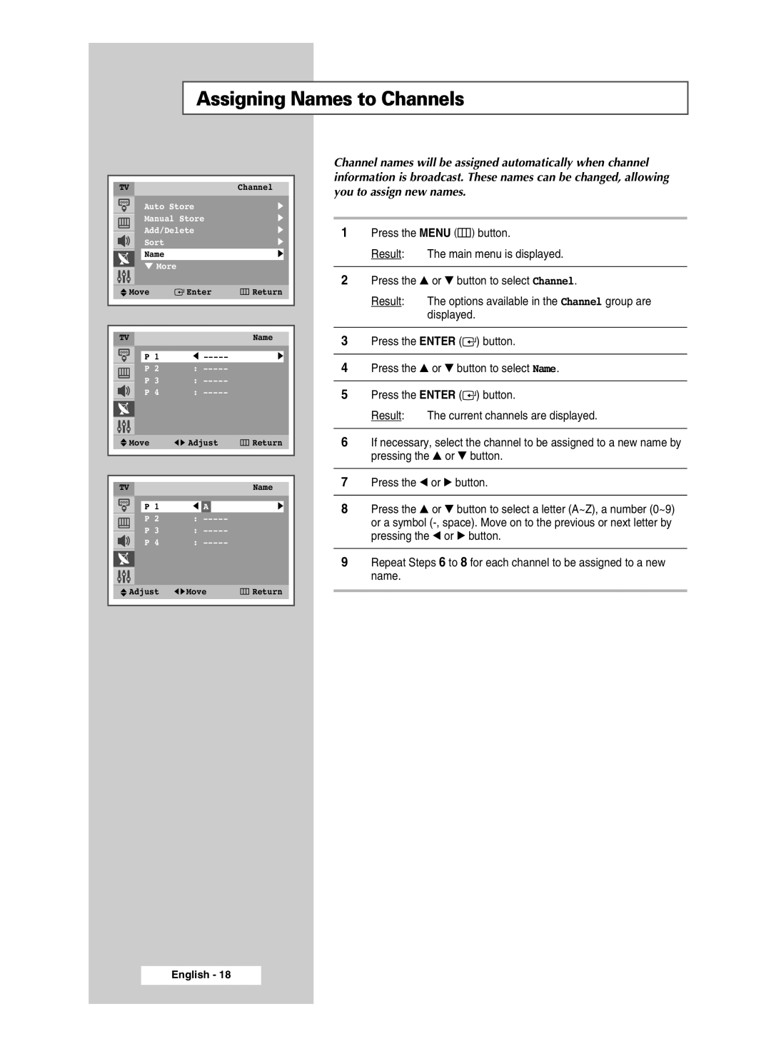 Samsung CW-29M026V manual Assigning Names to Channels 