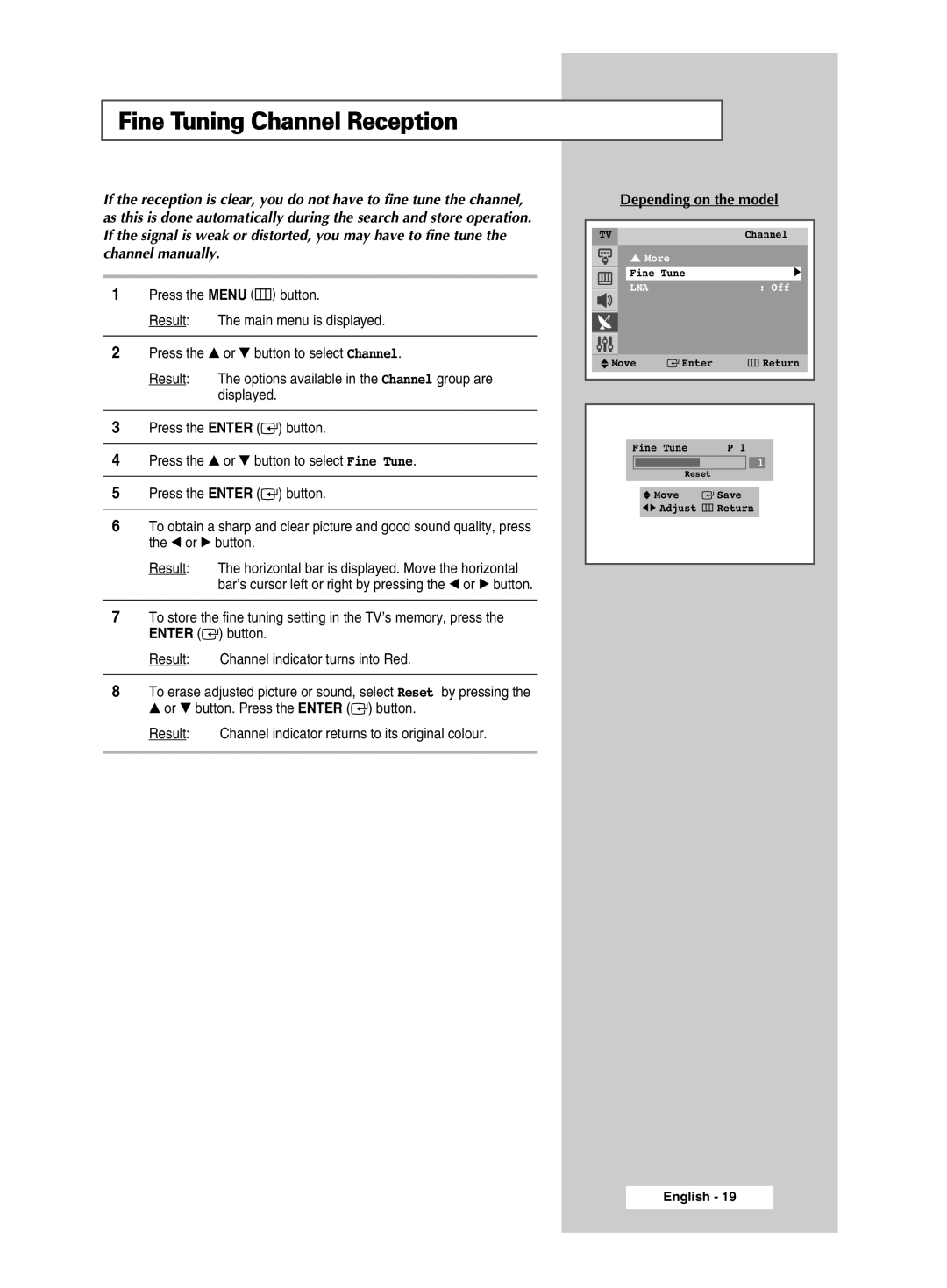 Samsung CW-29M026V manual Fine Tuning Channel Reception, Depending on the model 