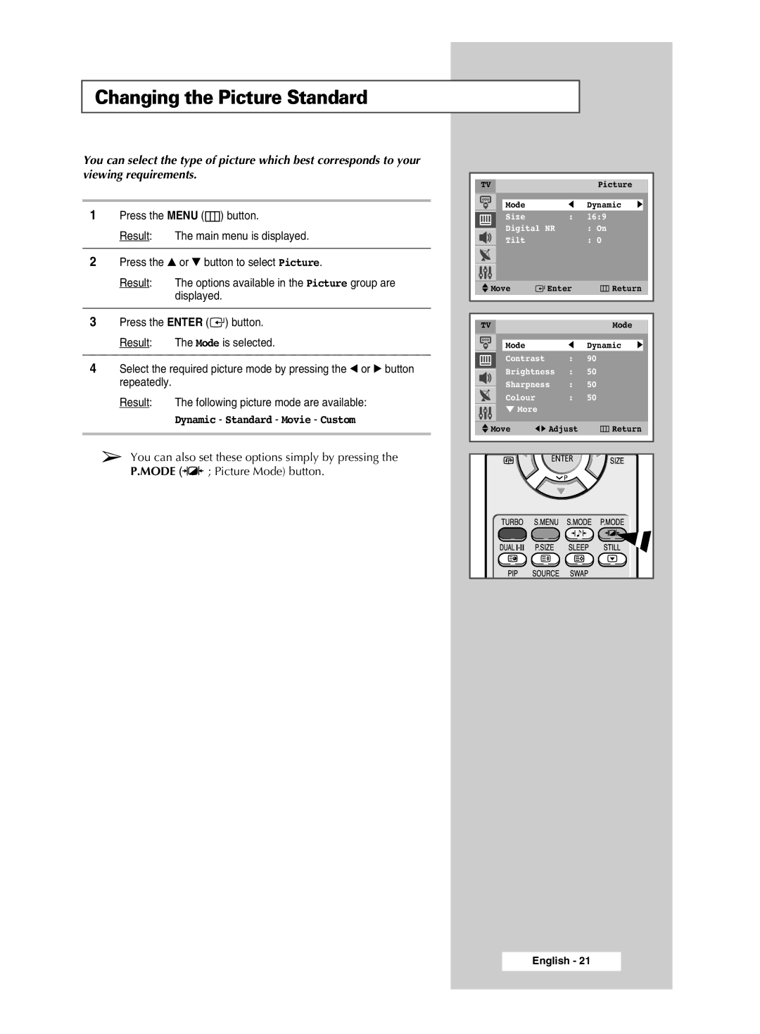 Samsung CW-29M026V manual Changing the Picture Standard, Dynamic Standard Movie Custom 