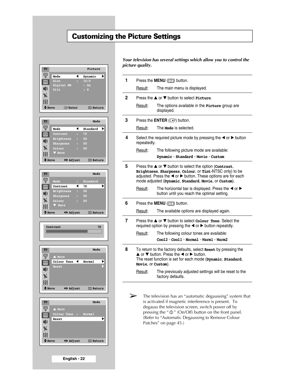 Samsung CW-29M026V manual Customizing the Picture Settings, Cool2 Cool1 Normal Warm1 Warm2 