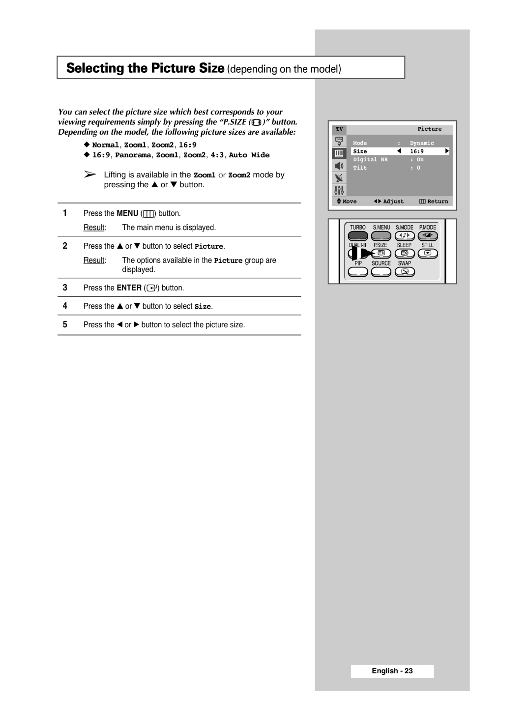 Samsung CW-29M026V manual Selecting the Picture Size depending on the model 