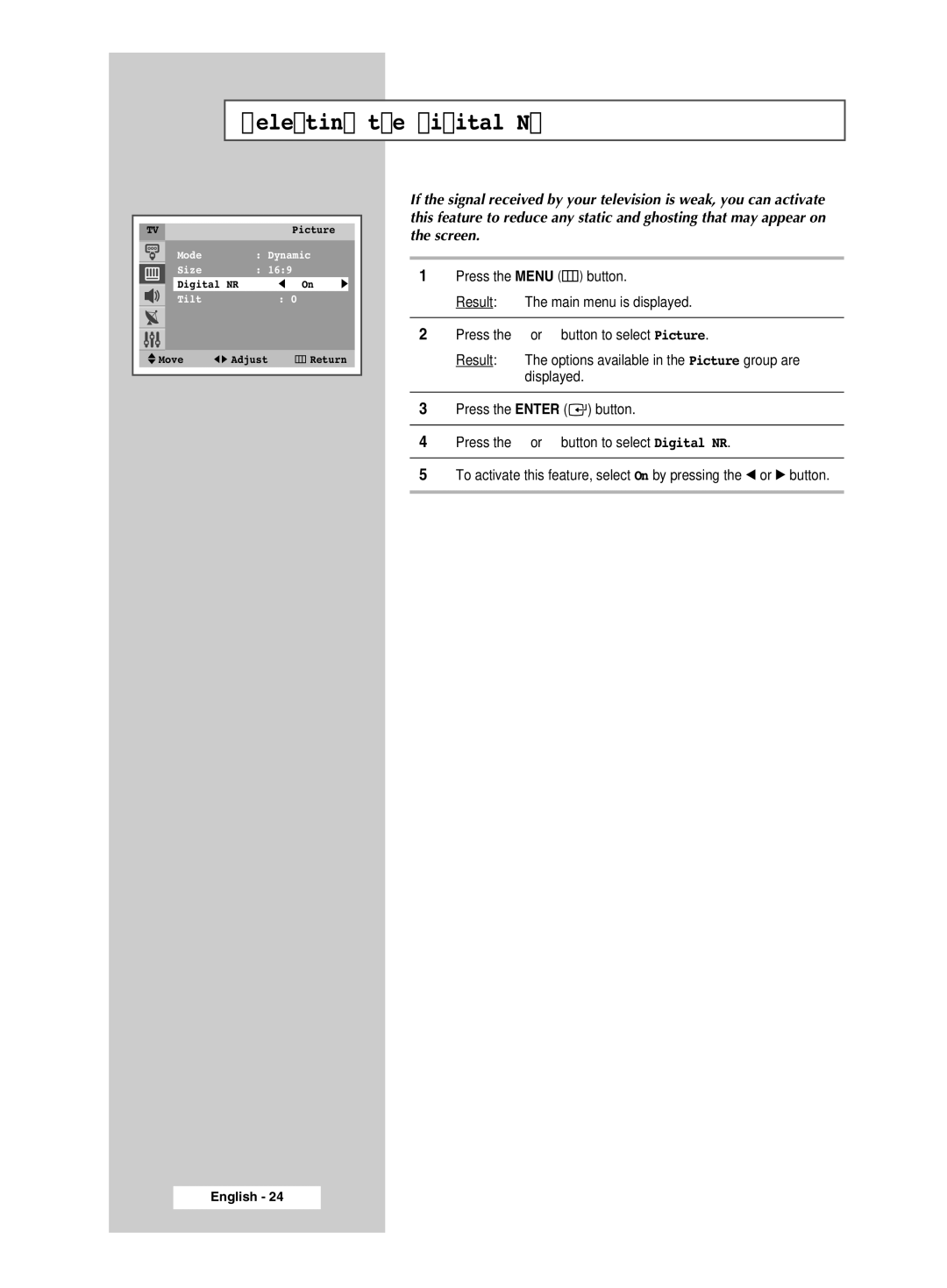 Samsung CW-29M026V manual Selecting the Digital NR 