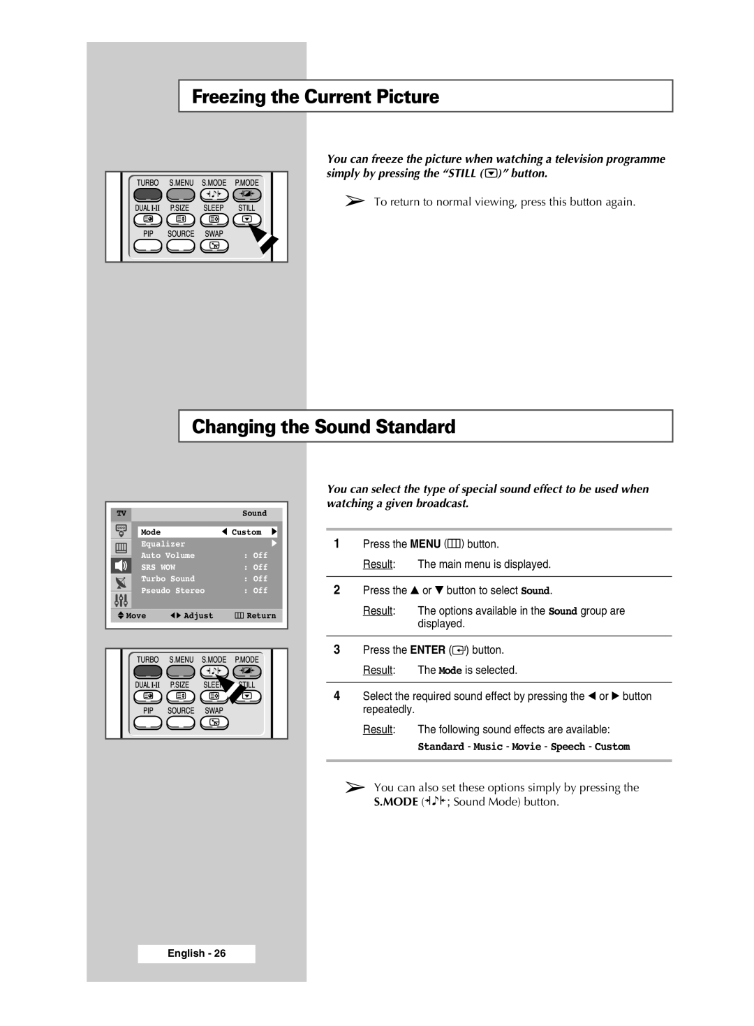 Samsung CW-29M026V manual Freezing the Current Picture, Changing the Sound Standard 