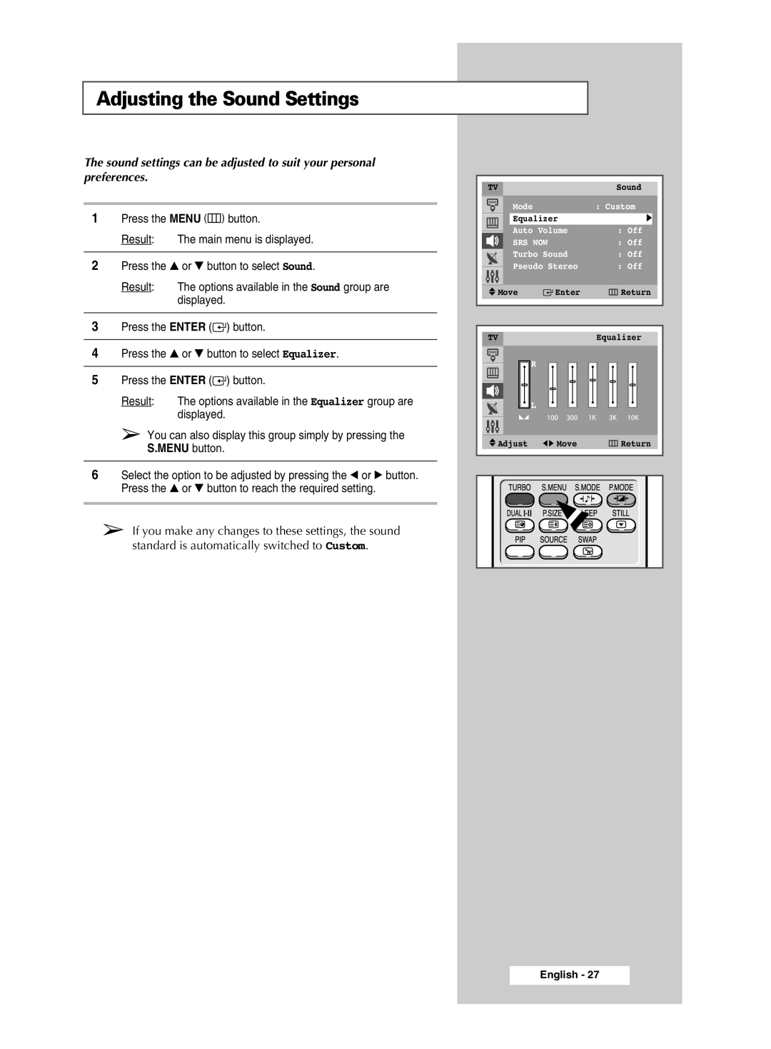 Samsung CW-29M026V manual Adjusting the Sound Settings 