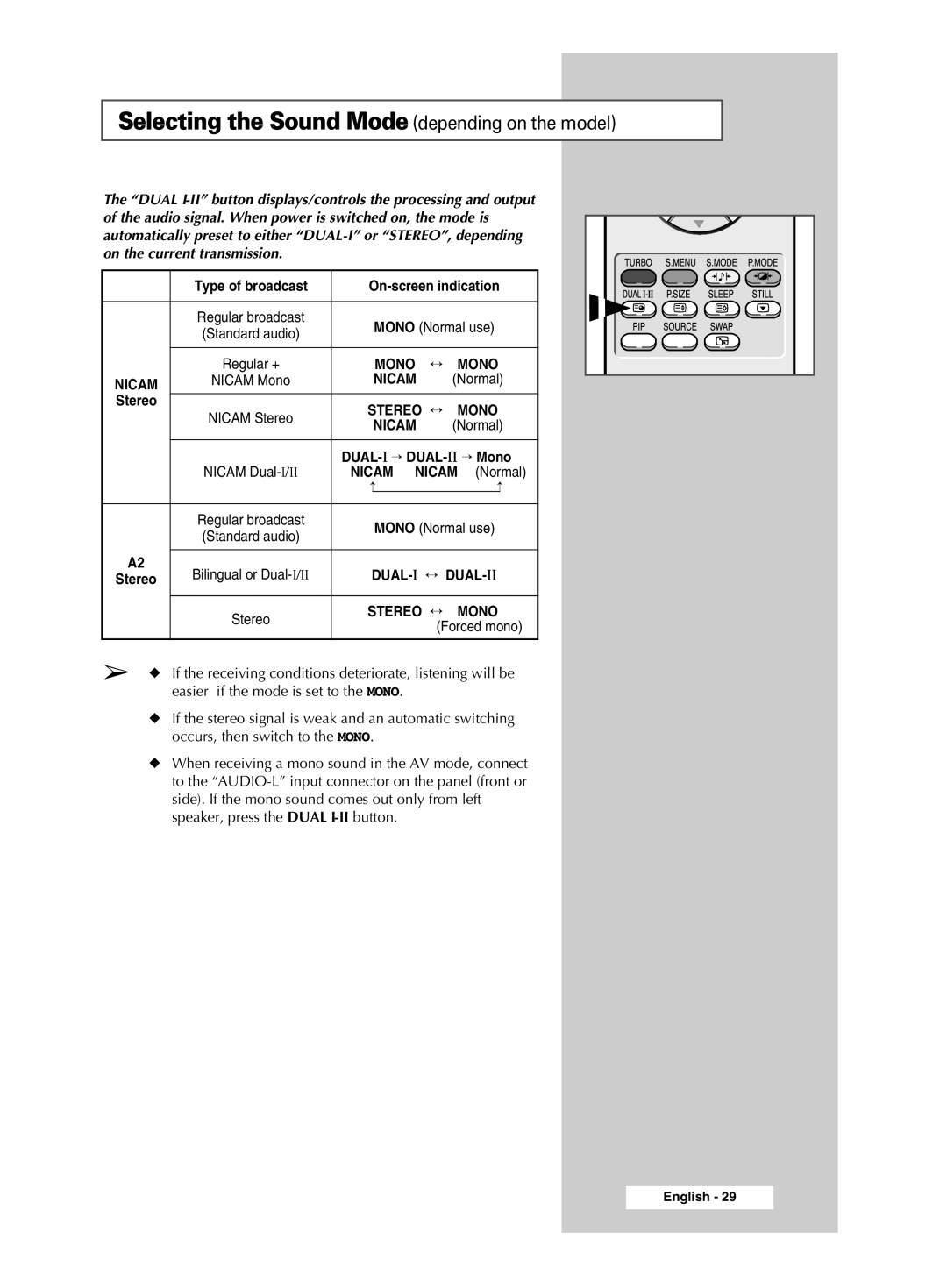 Samsung CW-29M026V manual Selecting the Sound Mode depending on the model, Stereo ↔ Mono Nicam 