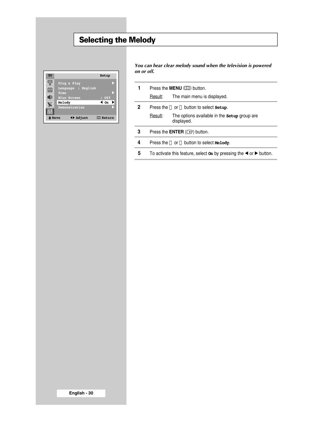 Samsung CW-29M026V manual Selecting the Melody 