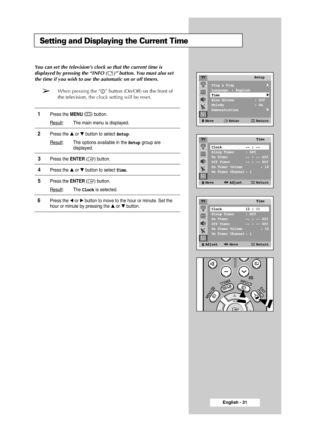 Samsung CW-29M026V manual Setting and Displaying the Current Time 