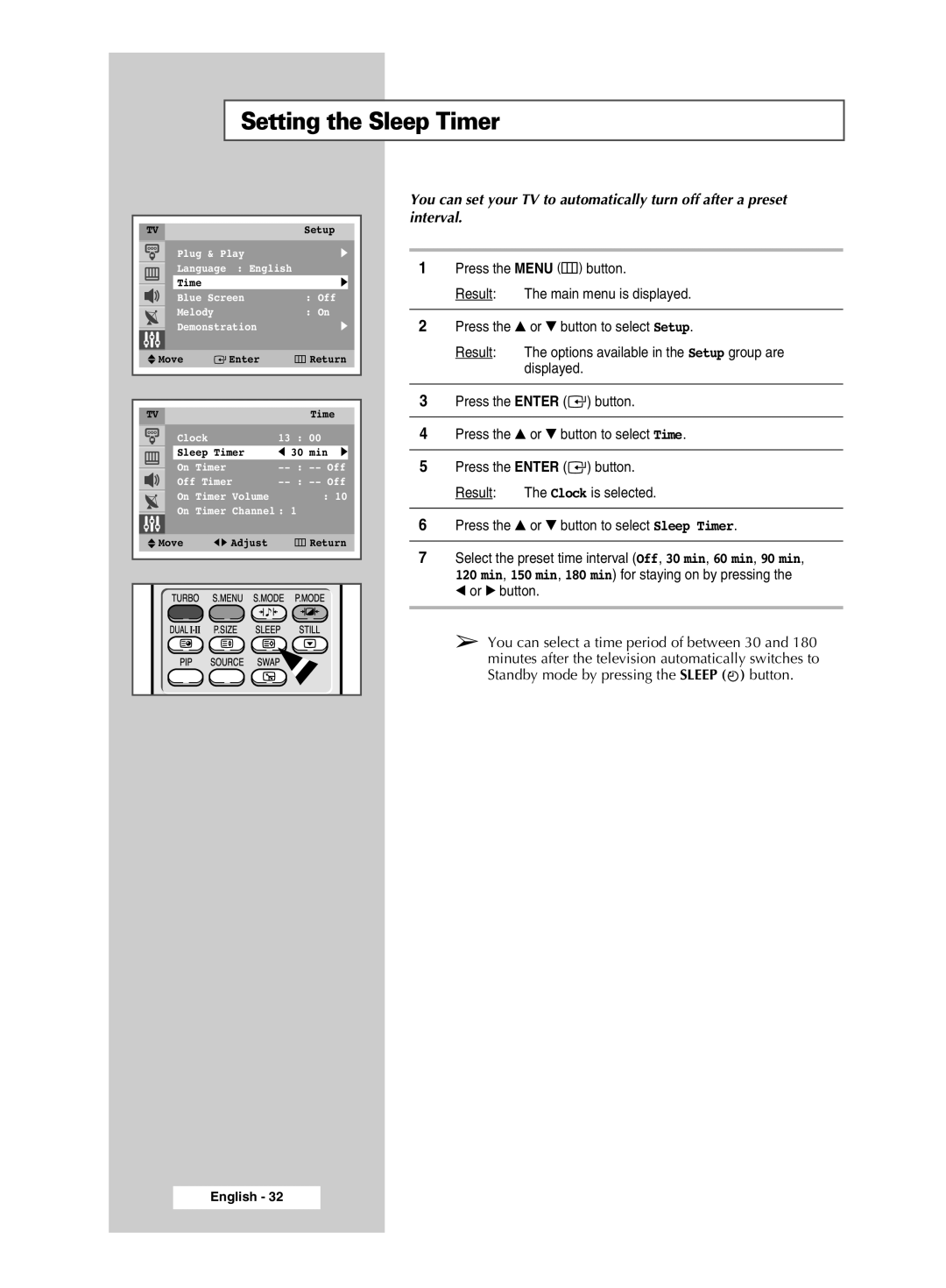 Samsung CW-29M026V manual Setting the Sleep Timer 