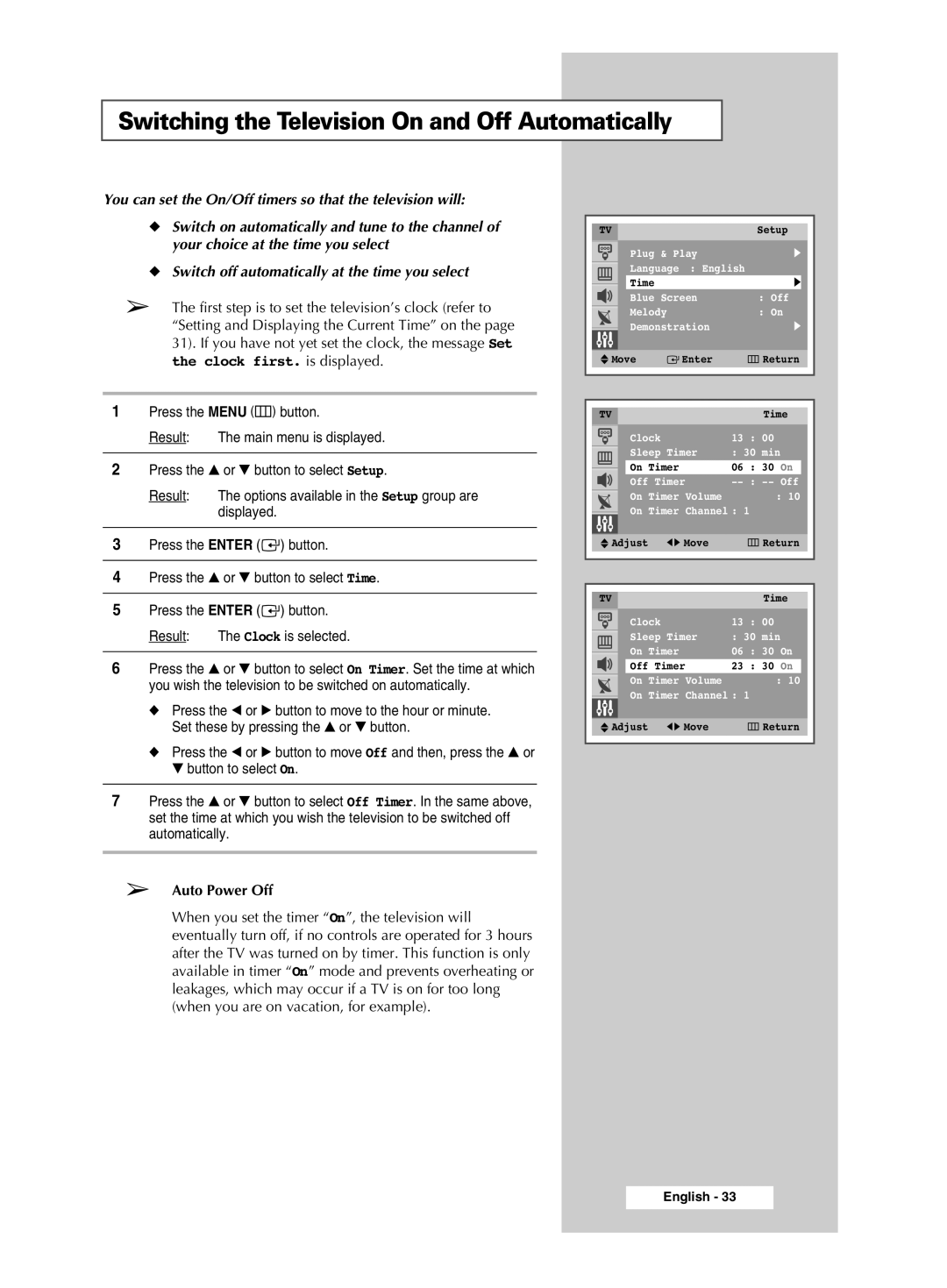 Samsung CW-29M026V manual Switching the Television On and Off Automatically, Auto Power Off 