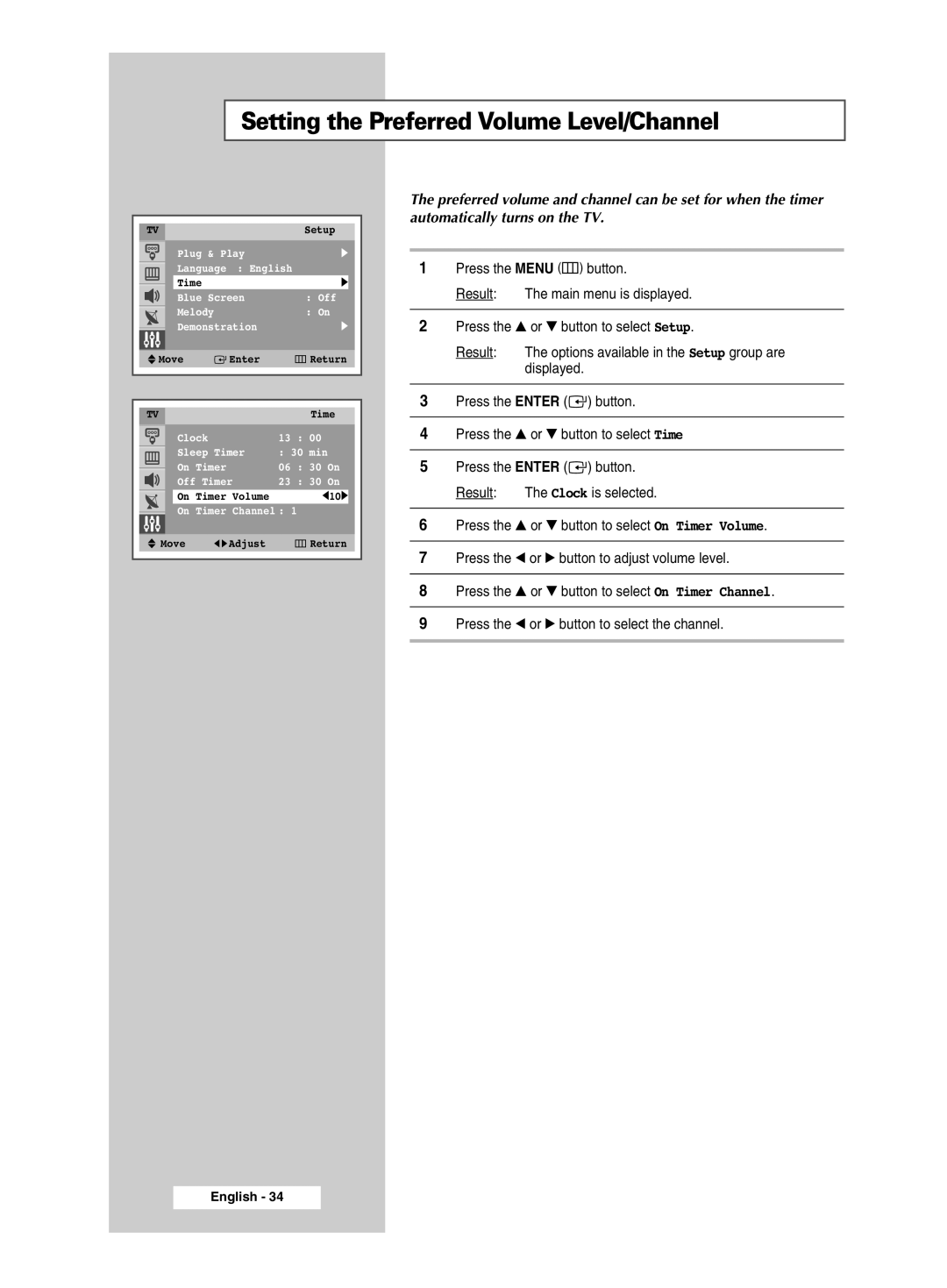 Samsung CW-29M026V manual Setting the Preferred Volume Level/Channel 