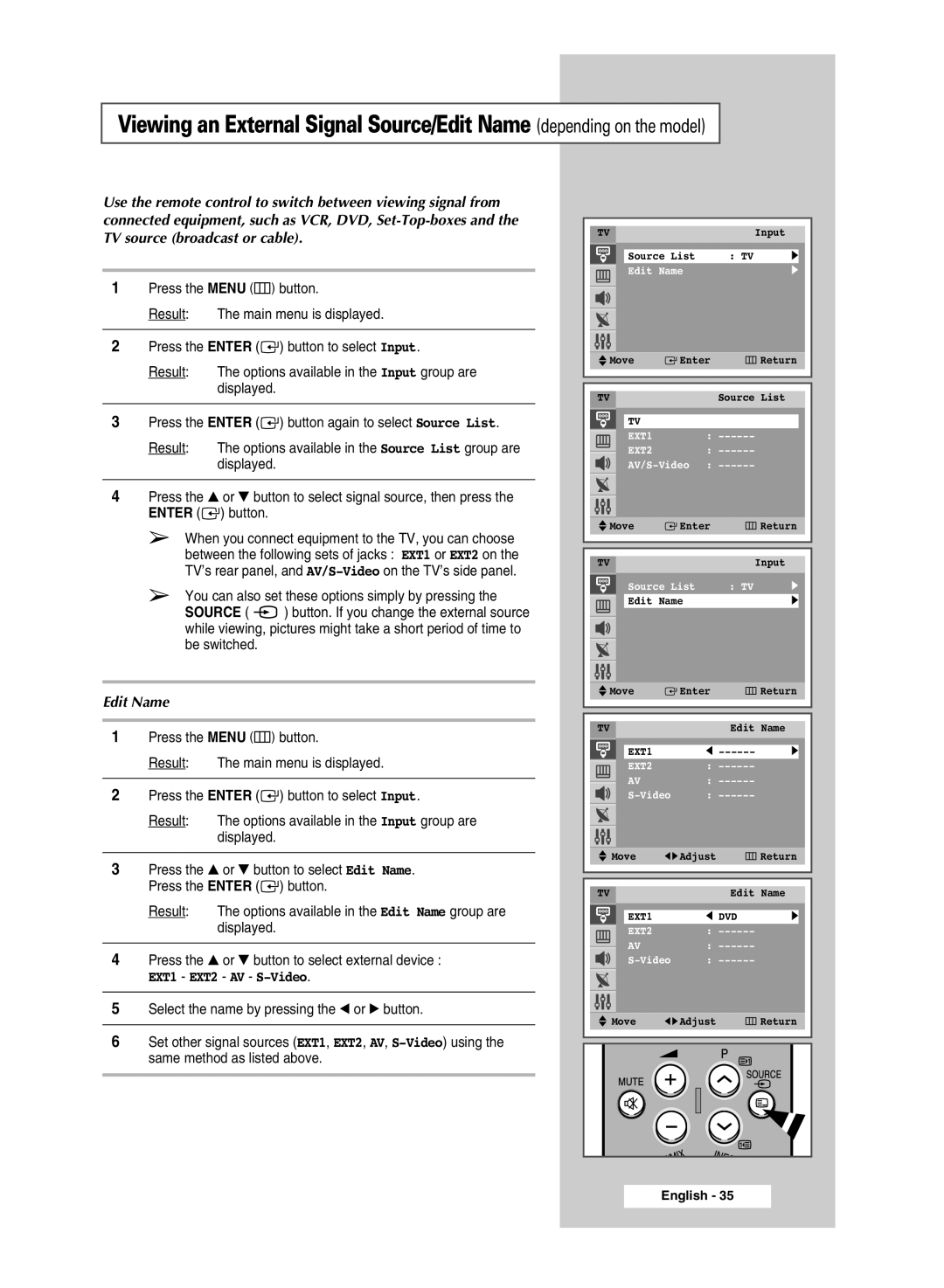 Samsung CW-29M026V manual Edit Name, EXT1 EXT2 AV S-Video 