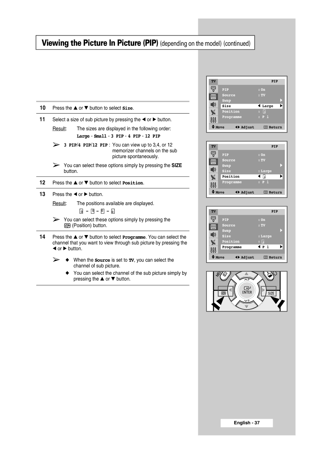 Samsung CW-29M026V manual Large Small 3 PIP 4 PIP 12 PIP 