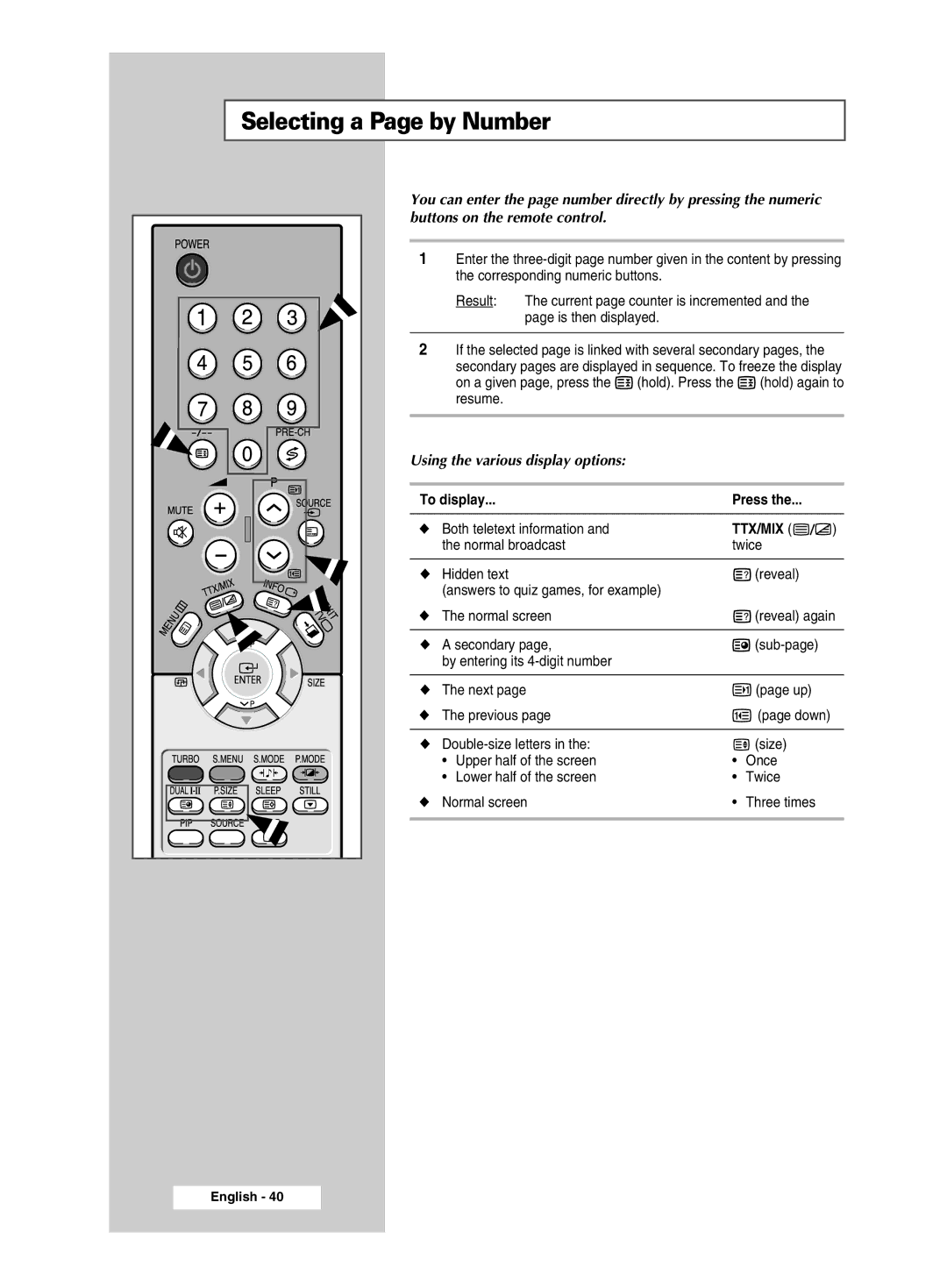 Samsung CW-29M026V manual Selecting a Page by Number, Using the various display options 