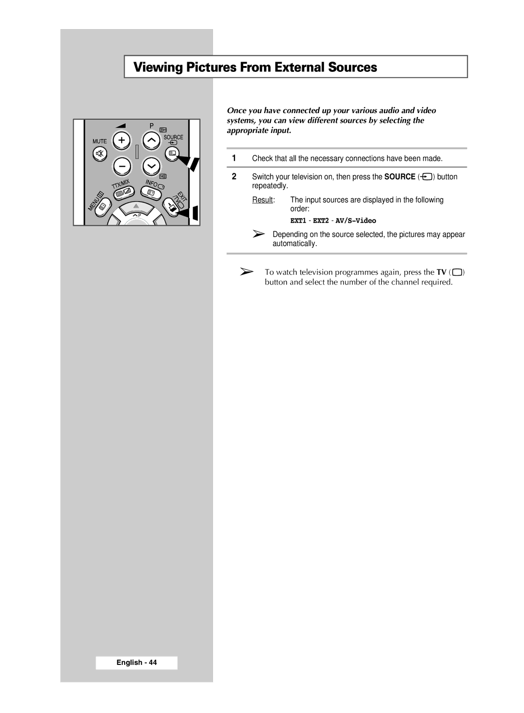 Samsung CW-29M026V manual Viewing Pictures From External Sources, EXT1 EXT2 AV/S-Video 