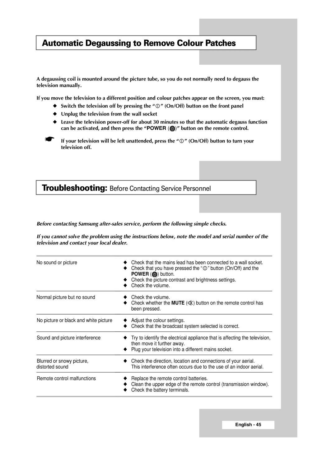Samsung CW-29M026V Automatic Degaussing to Remove Colour Patches, Troubleshooting Before Contacting Service Personnel 